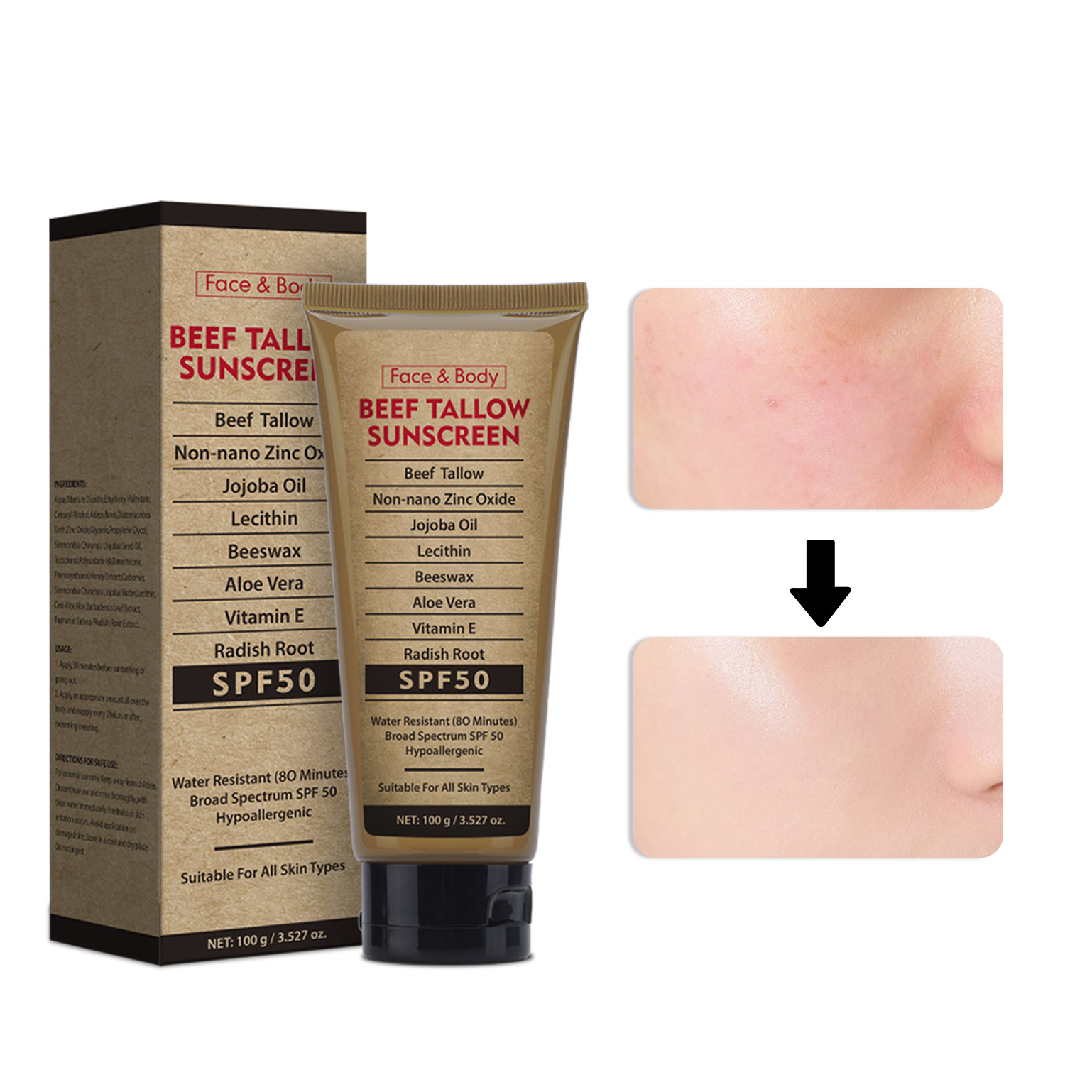Spf 50 Waterproof Sunscreen - 100g Organic Grass-Fed Beef Tallow ครีมกันแดด