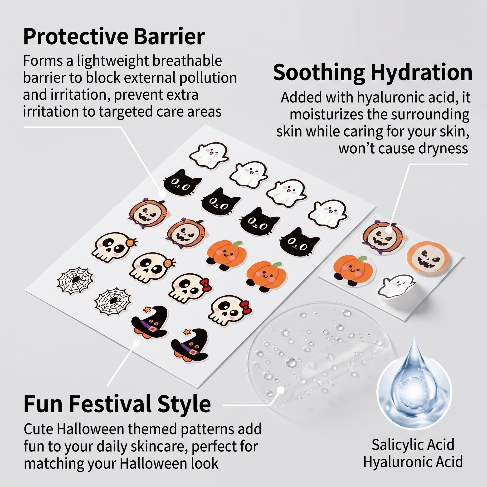 Hydrocolloid Pimple Patch - แผ่นแปะสิวสำหรับฮาโลวีน กรดซาลิไซลิก ทำความสะอาดล้ำลึก บรรเทาอาการแดง แผ่นแปะไฮโดรคอลลอยด์แบบใส ดูแลปัญหาสิวบนใบหน้า