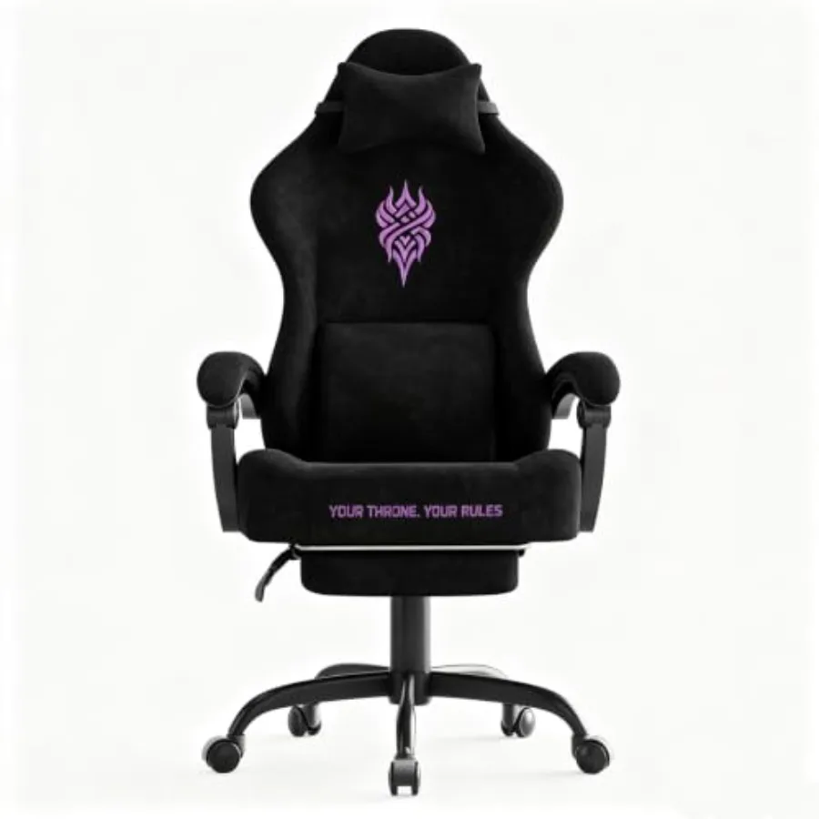 Massage - เก้าอี้สำหรับเล่นเกมและใช้ในสำนักงาน บุด้วยผ้ากำมะหยี่สีดำ ออกแบบตามหลักสรีรศาสตร์ ปรับเอนได้ มีที่พักเท้า และฟังก์ชันนวด