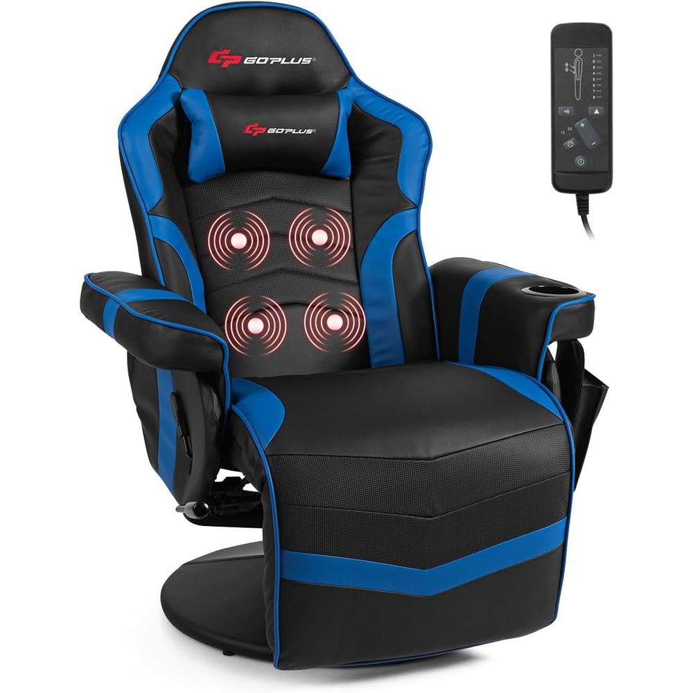 Massage - เก้าอี้นวดสำหรับเล่นเกม, เก้าอี้เล่นเกมสไตล์รถแข่งพร้อมพนักพิงและที่วางเท้าปรับได้, คอมพิวเตอร์หนัง PU พนักพิงสูงตามหลักสรีรศาสตร์